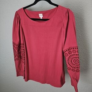 La Vie Rebecca Taylor Red Long Sleeve Eyelet Sleeve Top Blouse Size L